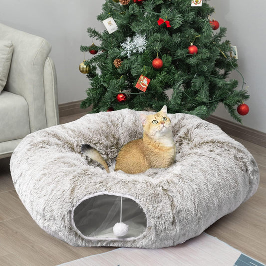 Cozy Full Moon Cat Tunnel Bed & Playground - Soft Plush Tube for Kittens, Cats, Puppies, Rabbits, and Ferrets (Khaki)